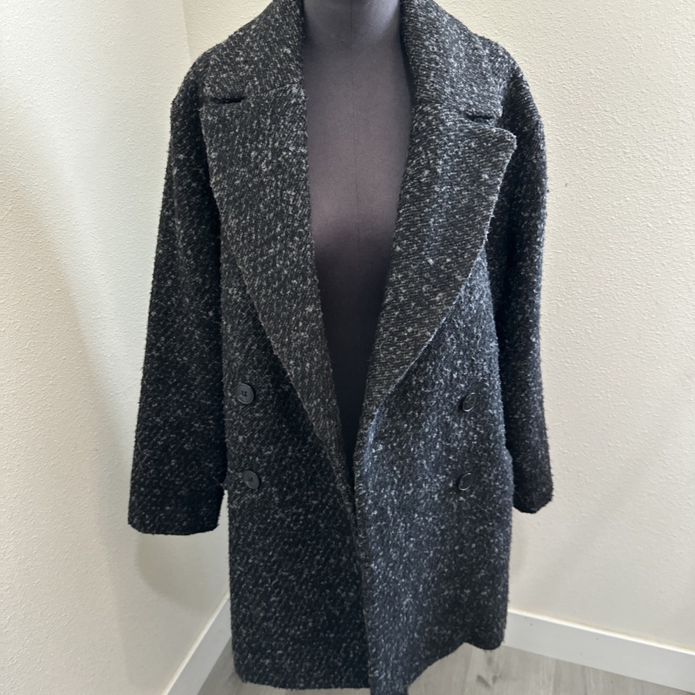 Mango Mng Buttoned Wool Blend Coat Herringbone Black Lined Sz M